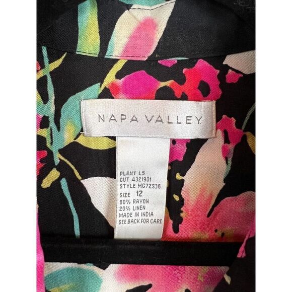NAPA VALLEY black floral linen rayon blouse A-line beaded skirt suit 12-14 - Picture 3 of 10